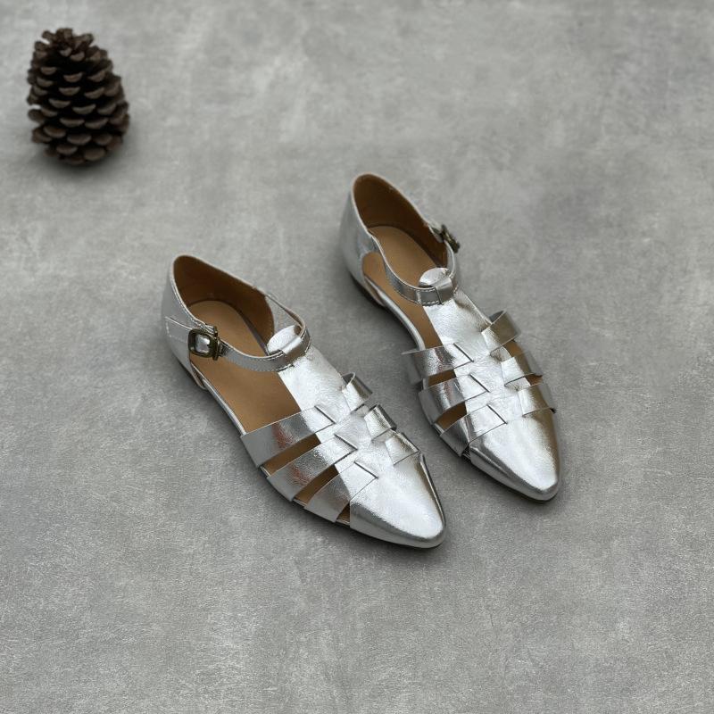 Johnature Handmade Genuine Leather Pointed Toe Sandals Retro Hollow Buckle Woven Cowhide Women's Shoes