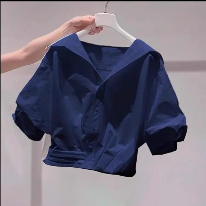

Lapel Bubble Sleeve Shirt Women Loose Fit Cropped Blouse Shirt XXL темно-синього кольору