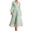 Frühling neue europäische und amerikanische Stil V-Ausschnitt bedrucktes Chiffon-Langarmkleid Damen Taille A-Linie Rock Urlaubsstil langes Kleid