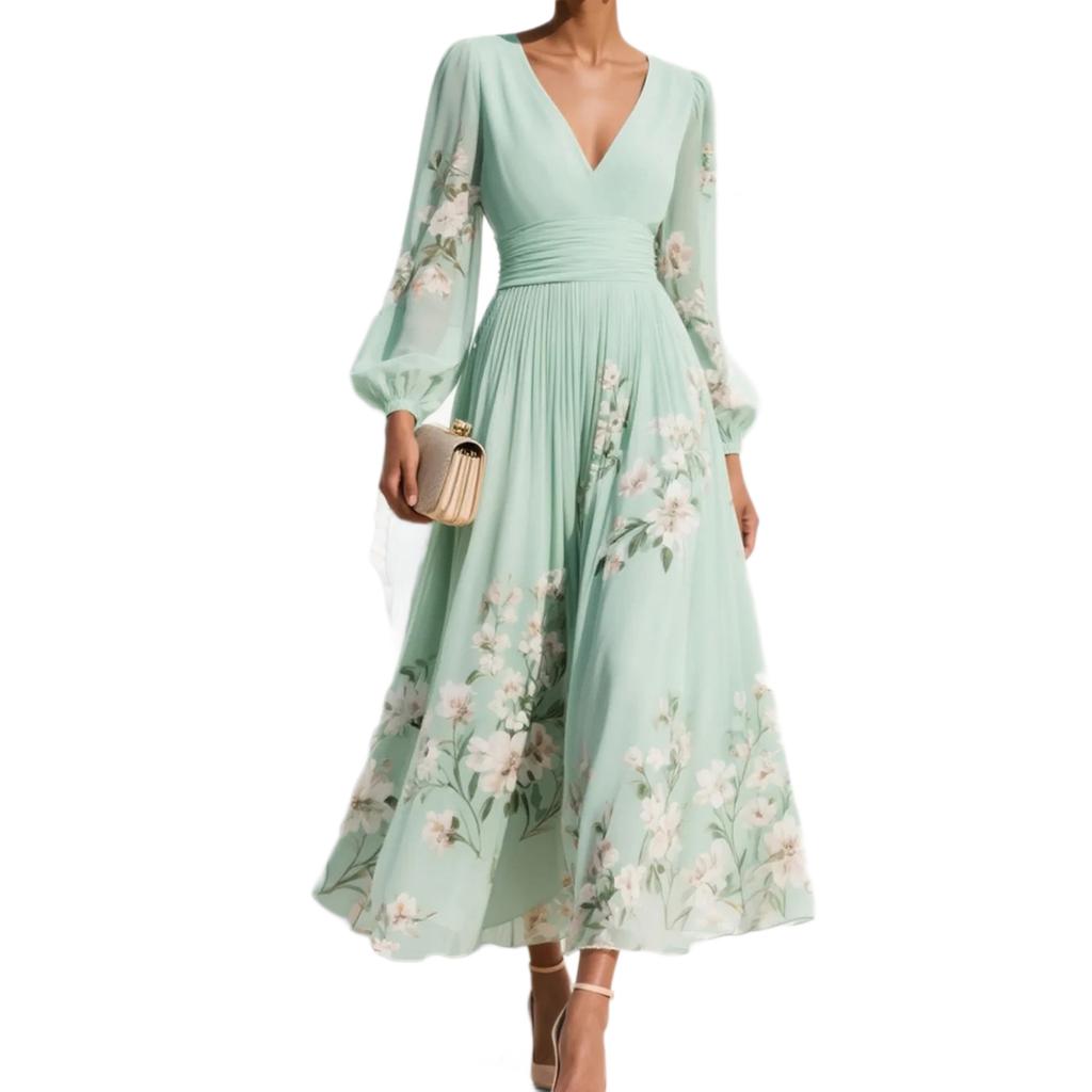 Frühling neue europäische und amerikanische Stil V-Ausschnitt bedrucktes Chiffon-Langarmkleid Damen Taille A-Linie Rock Urlaubsstil langes Kleid