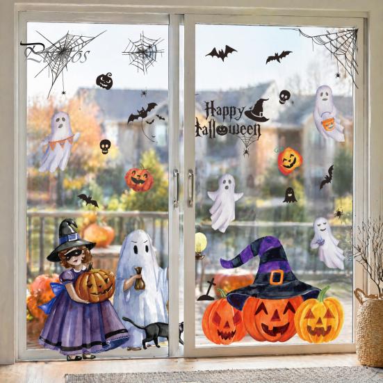 Halloween Static Window Clings 2Pcs Watercolor Clings, Ghost Witch Pumpkin Black Cat Bat Decals, No-Glue Wall Stickers Removable Glass Stickers,