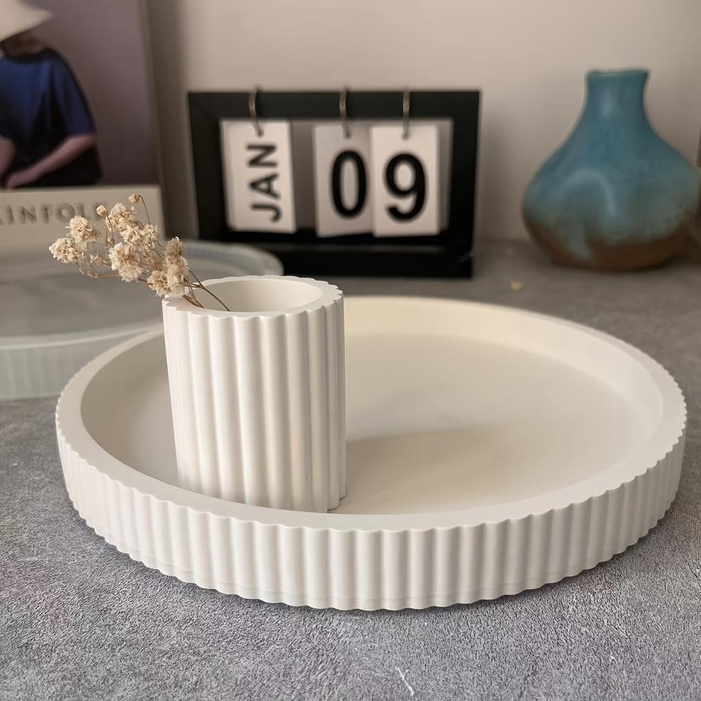 1pc Striped Round Tray Decorative Storage Tray Planter Base Silicone Mold For Resin Plaster Ornament Concrete Silicone Mold