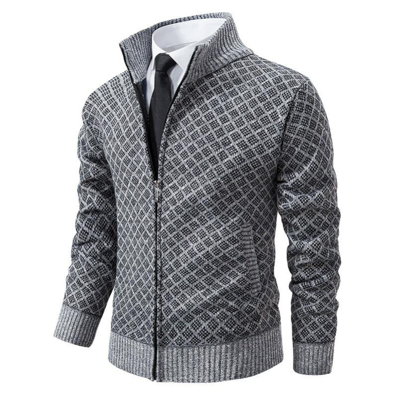 Autumn and Winter Men's Fashion Plaid Jacket Jacket Men's Trend Stand-up Collar Slim Long-sleeved Casual Sweater