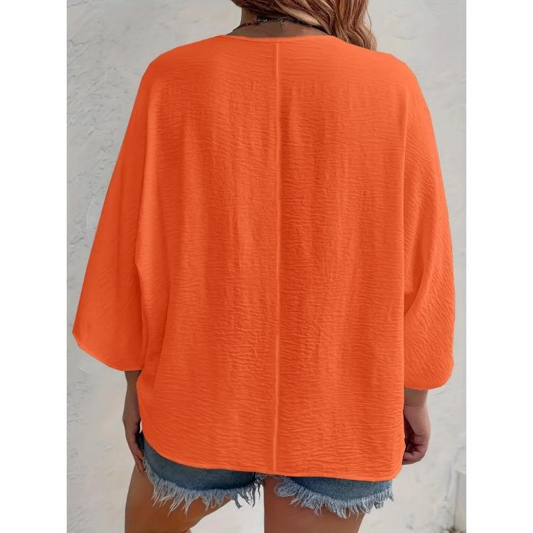2025 New Women's Plus Size Casual V-Neck Long Sleeve T-Shirt Elegant Loose Blouse Solid Color Fashion Top for Spring Summer