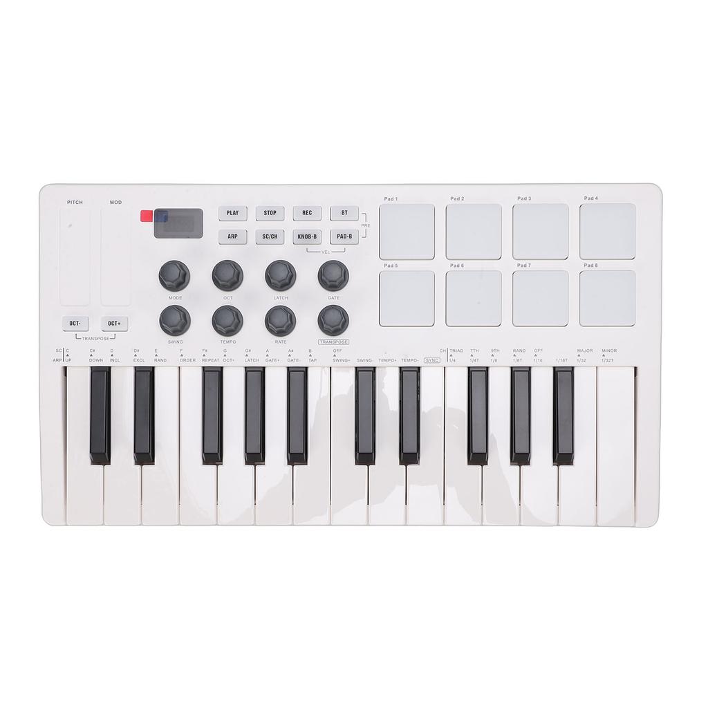 25 Key MIDI Keyboard Controller   with 8 Backlit   Pads 8 Knobs Portable for Computer Recording Music Production White