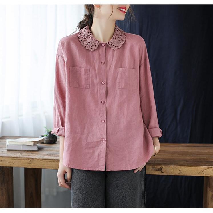 Women s Spring Retro Lace Collar Long Sleeve Shirt, Casual Plus Size, Pink/Purple Medium