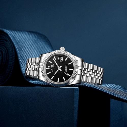 BUREI Men's Automatic Mechanical Watch, Waterproof, Analog, Popular for Business, Date Display, Black, Stylish, Simple, Luminous Watch