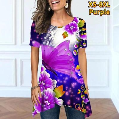 Pulôver vintage borboleta impressão digital 3D camiseta feminina manga curta 2024 novo verão casual gola redonda top moda diária rua