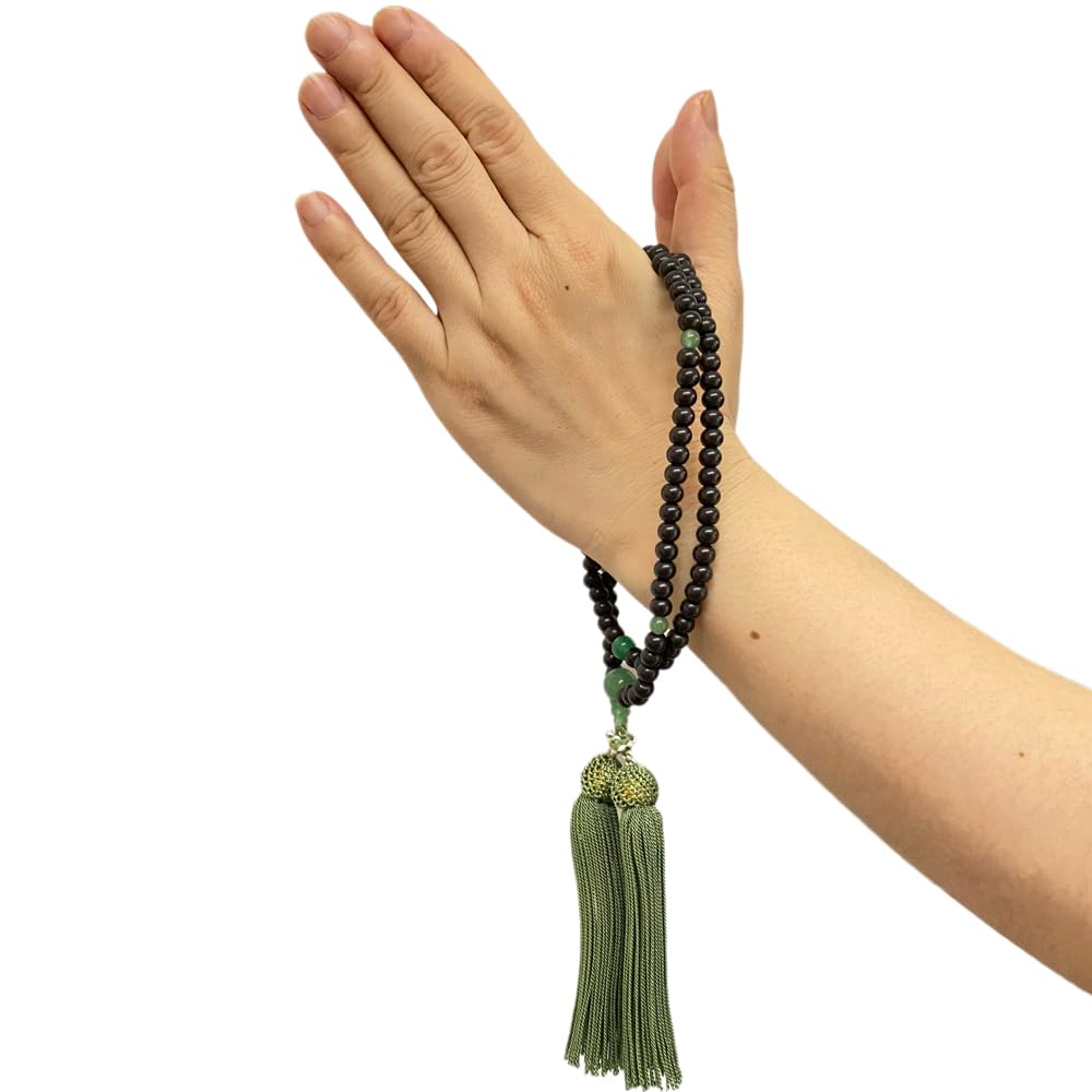 [WONDERFUL LOTUS Myorenka] Myorenka Rinzai Buddhist Prayer Beads for Women, Formal, Ebony and Indian Jade Finish, 8 Inches, Includes Prayer Beads