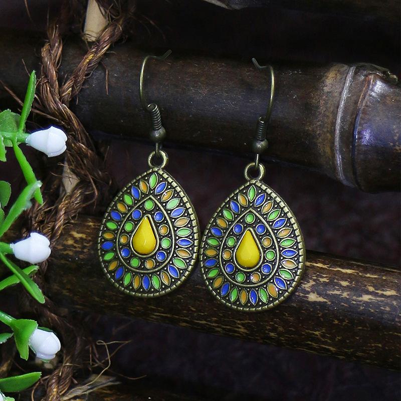 Colorful Ethnic Vintage Round Geometric Flower Drop Dangle Earrings For Women Crystal Enamel Ornament Bohemian Wedding Zircon