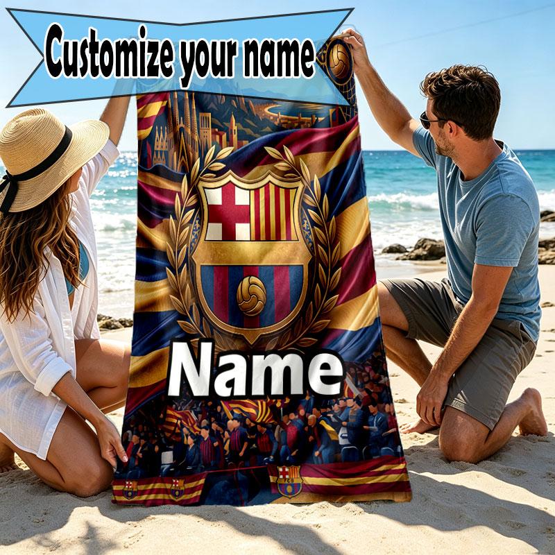 Serviette de Plage Personnalisée avec Nom Club de Football Barcelone, pour Voyage Camping Fête à la Plage Décoration Intérieure, Cadeau d'Anniversaire pour la Famille et les Amis