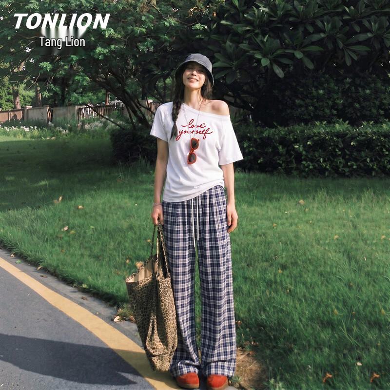 TonLion Women s Off-Shoulder T-shirt & Plaid Wide-Leg Pants Set S