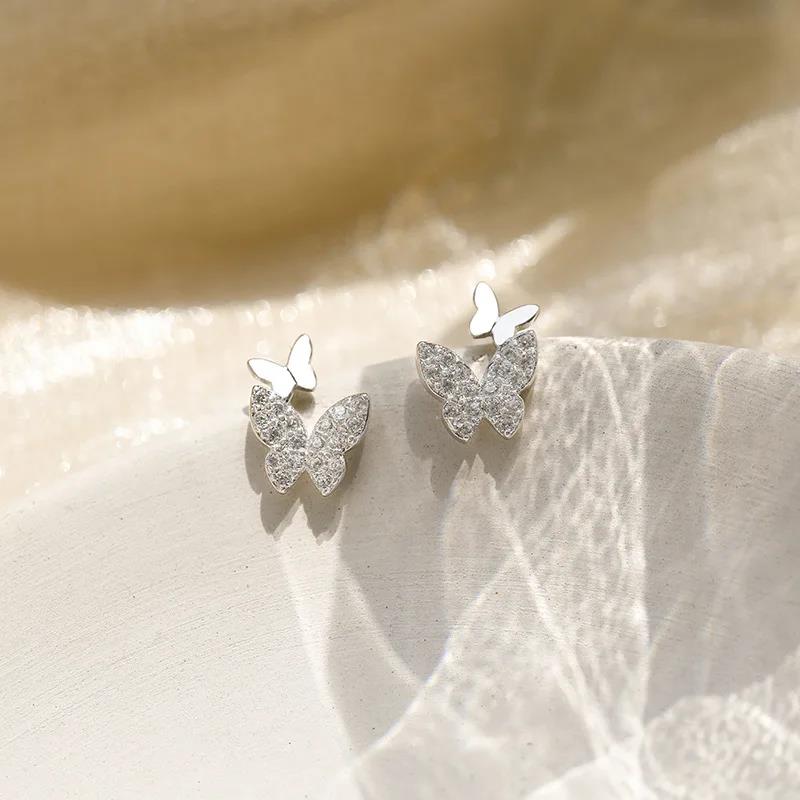 Simple Earrings 925 Sterling Silver Double Butterfly Earrings Shiny Zircon Double Bow Allergenic Pendientes Needle Fine Jewelry