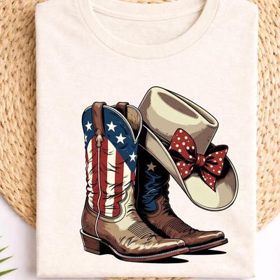 Cowboy Boots American Flag Design, Western Cowgirl Hat Graphic, Patriotic Country Style Shirt, USA Western Outfit Shirt, Rodeo Style Graphic