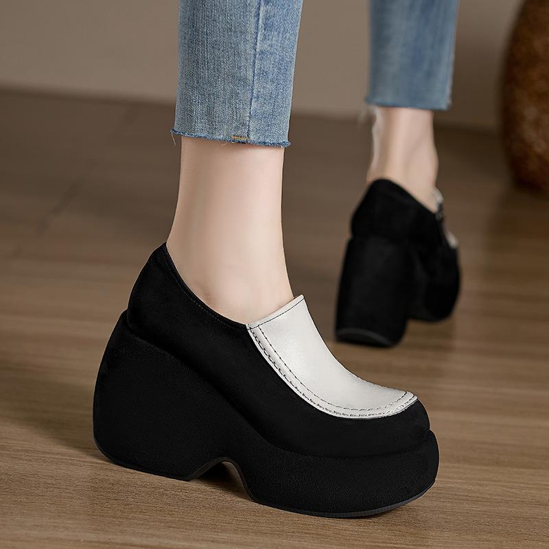 

Thick-soled muffin shoes 10cm wedge heels single shoes round head small height-increasing women s shoes waterproof table deep-mouth high heels 40
