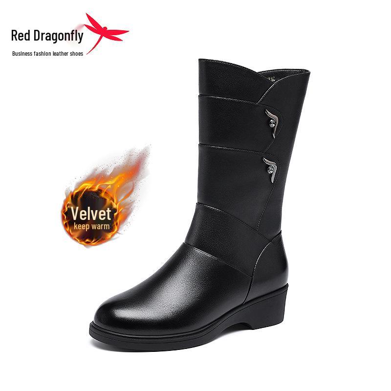 Genuine Leather Red Dragonfly Women s Winter Plush High Top Boots 39