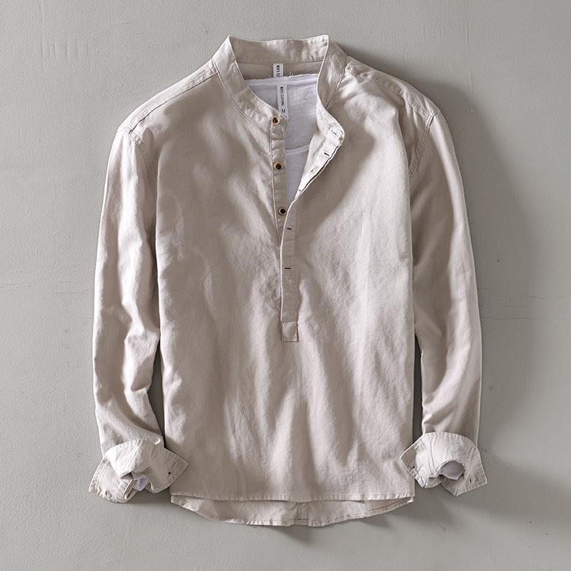 Stehkragen Pullover Langarm Leinen Sommerhemd Herren Casual Fashion Shirts für Männer Solide Bequeme Hemd Herren Chemise