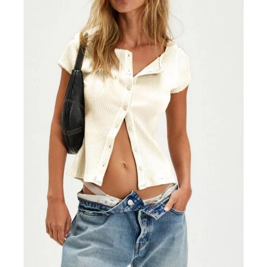 

Женские модные повседневные летние весенние однотонные блузки и рубашки с v-образным вырезом и короткими рукавами с принтом XS