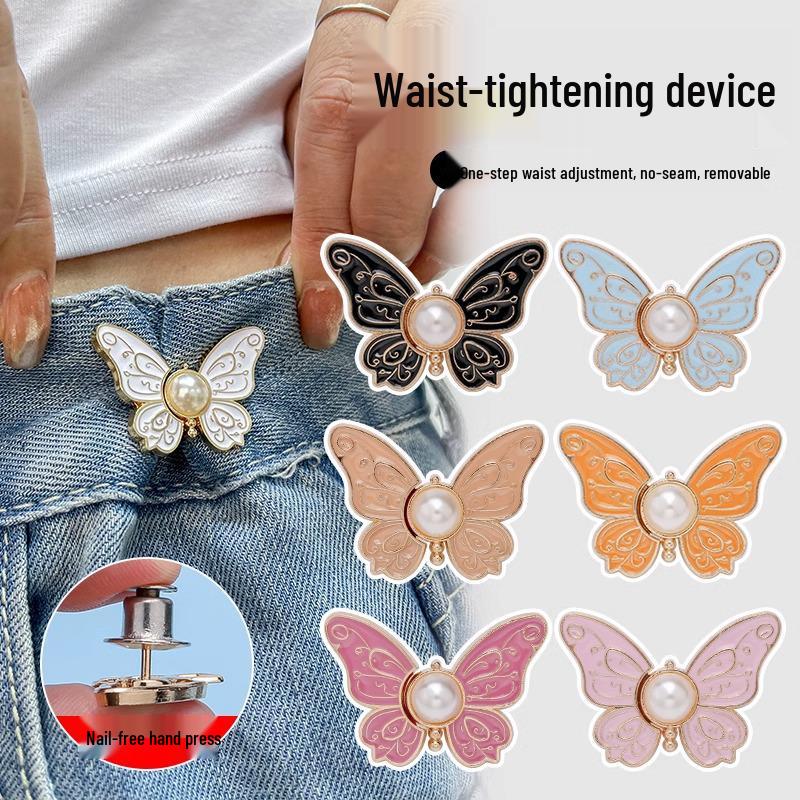 Butterfly Waist-Cinching No-Punch Jeans with Decorative Pearl Buttons