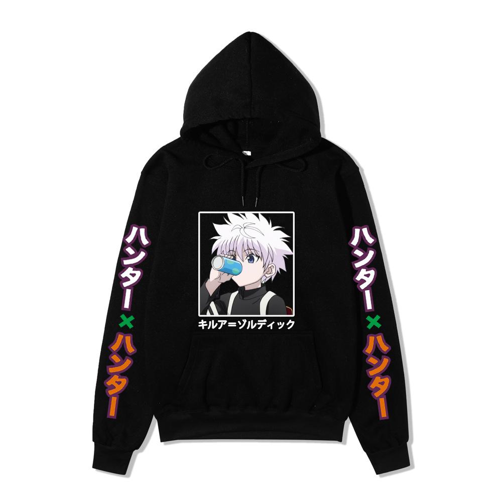 Hunter X Hunter Killua Anime Hoodie Vertical Japanese Letter Print Casual Long Sleeve Pullover Sweatshirt