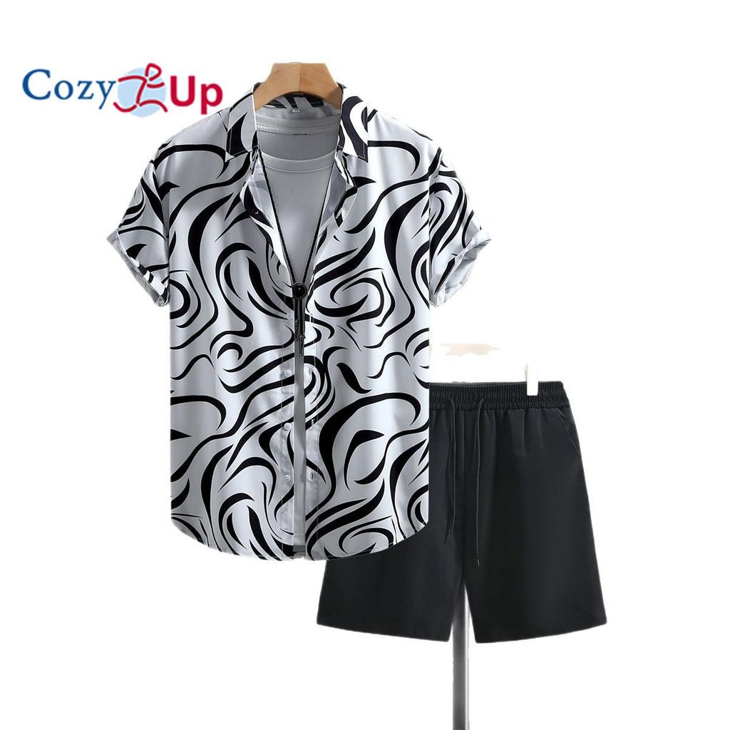 Casual Men's Black Stripe Printed Men's Short Sleeve Shirt Shorts Set Men's Shirt Summer 2025 New