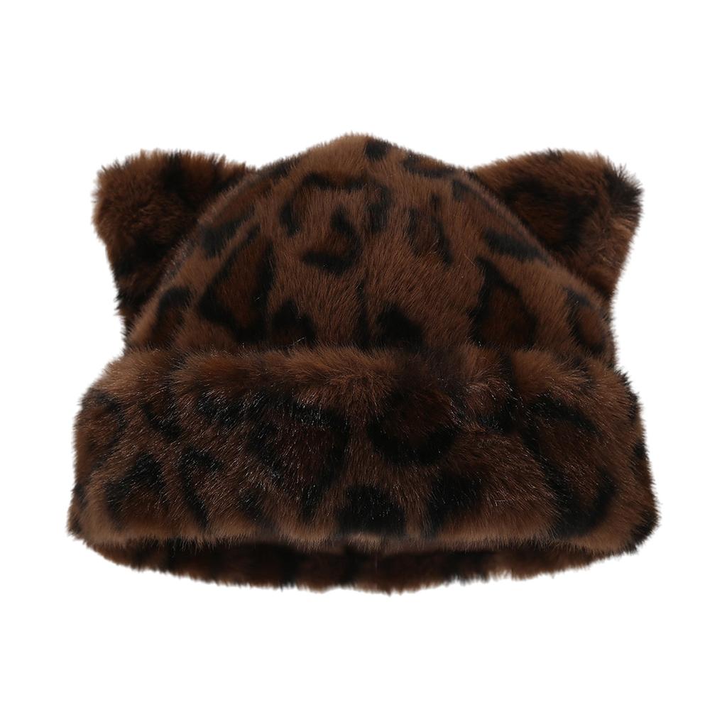 Oversized Kitten Hat with Ear Leopard Print Skiing Hat Furry Hood Cartoon Photo Props Outdoor Head Wrap for Halloween