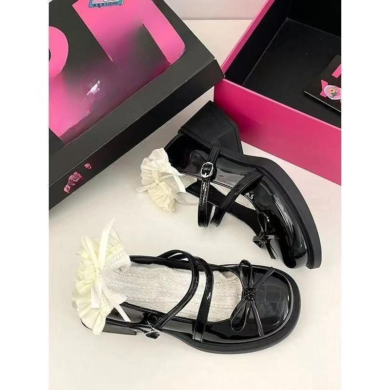 Fashion French Ribbon Bow Mary Jane High Heels Women 2025 Summer New Small Platform Block Heel Small Leather Shoes
