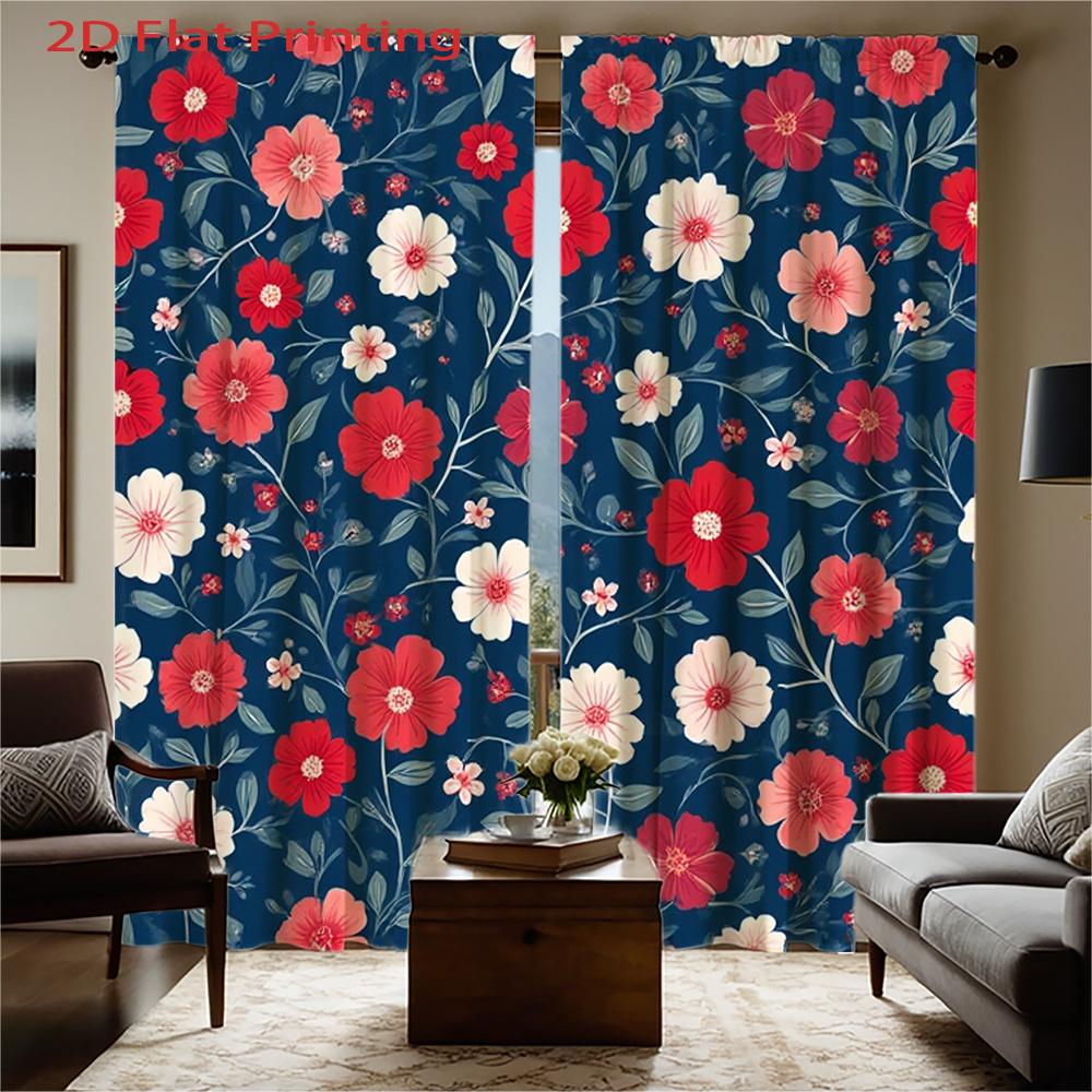 

Set Of 2 Flat Navy Blue Floral Curtains Red Pink White Flowers Window Drapes Semi Sheer Treatm Curtain Polyester W100*H70(CM)-Hooks&1PCS
