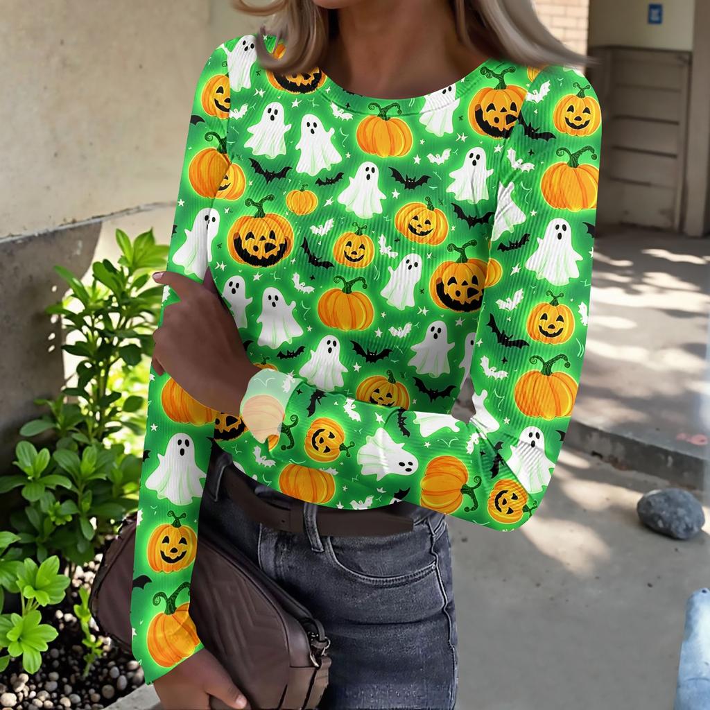 Women's Casual Long Sleeve Ribbed Knit Top Halloween Pumpkin Print Crew Neck Slim Fit Shirt for Fall Seasonal Wear