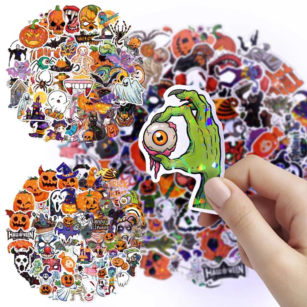 2026 50pcs Laser Flash Halloween Stickers Holographic Vinyl Trunk Mug Cup Sticker Waterproof Removable Sticker Halloween Decor