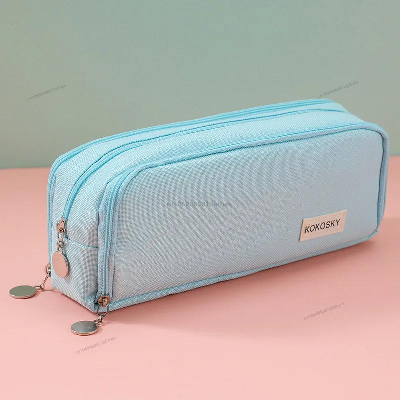 Estuche negro para lápices, gran espacio de almacenamiento, 2 compartimentos, bolsa de doble cara abierta, organizador de escritorio para estudiantes, útiles escolares