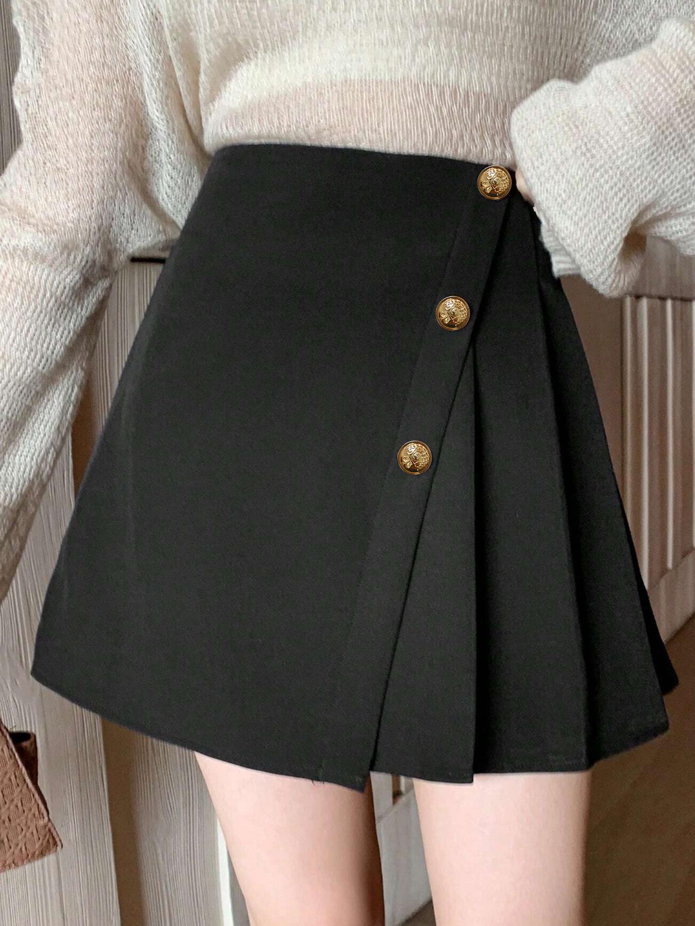 

Plus Size Women s Asymmetrical Button Design Skirt - Casual, Versatile, Fashionable 3XL чорний