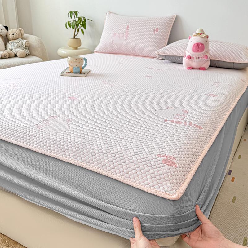Summer Nude Ice Silk Cooling Mat Set: 3-Piece, Soft, Machine-Washable, A-Class Fitted Sheet