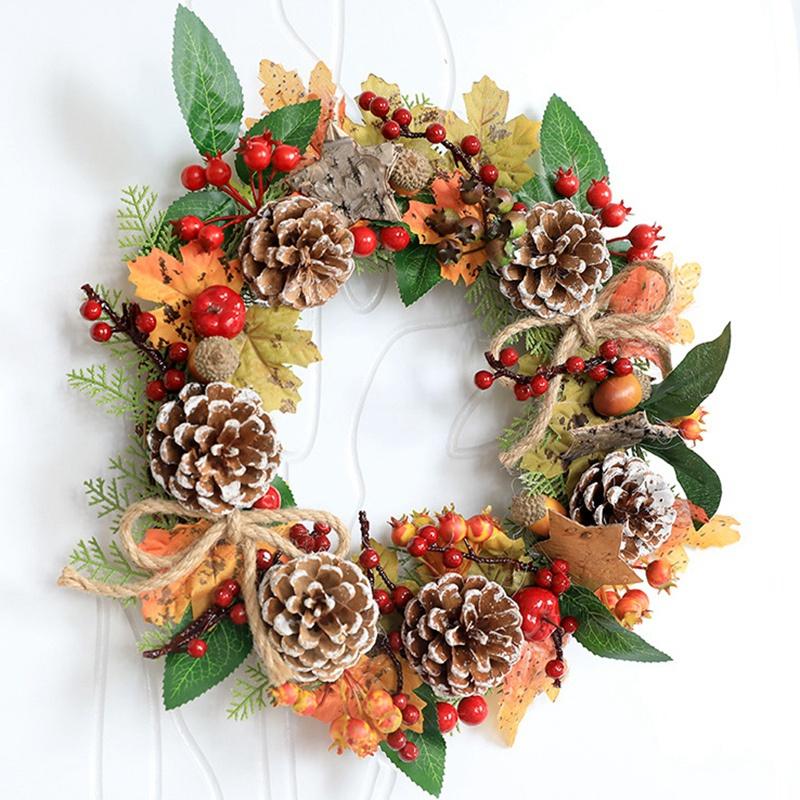 New Artificial Wreath Fall Maple Leaves Wreath with Decorative Pine Cone Red Berry Front Door Wreath Christmas Floral Rattan Garland