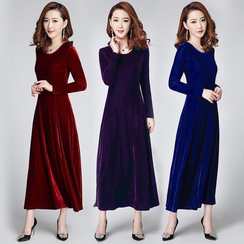 Women's Crew Neck Long Sleeve Solid Velvet Maxi Dress High Waist A Line Elegant Winter Formal Evening Dress