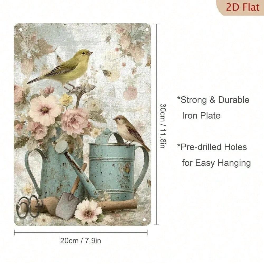 Vintage Pink Rose Bird Metal Tin Sign 8x12 Inch Rustic Floral Vase Wall Decor