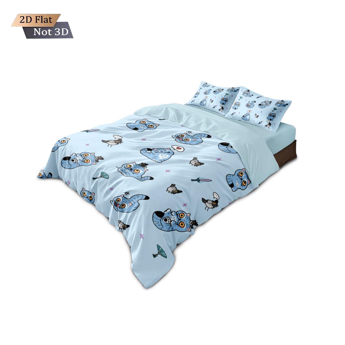 

3Pcs Blue Kitten Print Coreless Bedding, Multi Size Bedroom And Dormitory Duvet Covers, Soft And Machine Washable Decoration 135x200cm-EU-Single&set