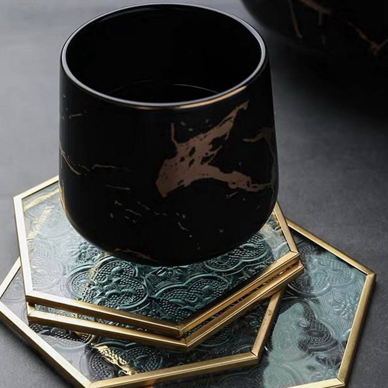 Window Grille Glass Coaster Gold Copper Embossed Pattern Hexagonal Glass Coaster Dining Table Insulation Pad Teacup Mat