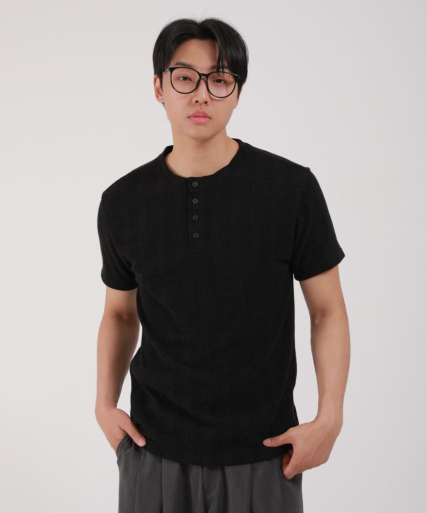 T-shirt a maniche corte con scollo Henley a coste Dibellobeu_Nero