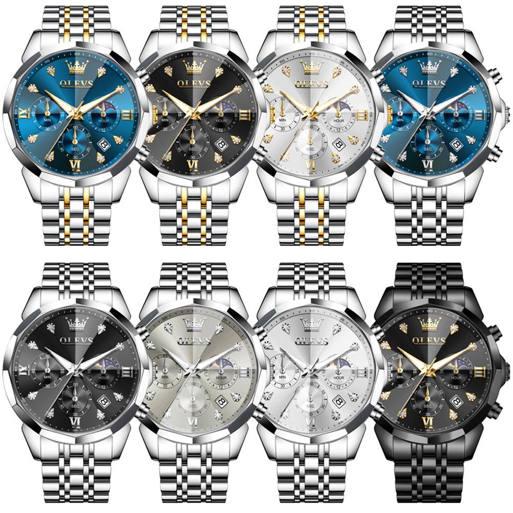 OLEVS Men Watch Fashionable Original Moon Phase Quartz Watch Waterproof Luminous Automatic Date Stainless Watch Gifts