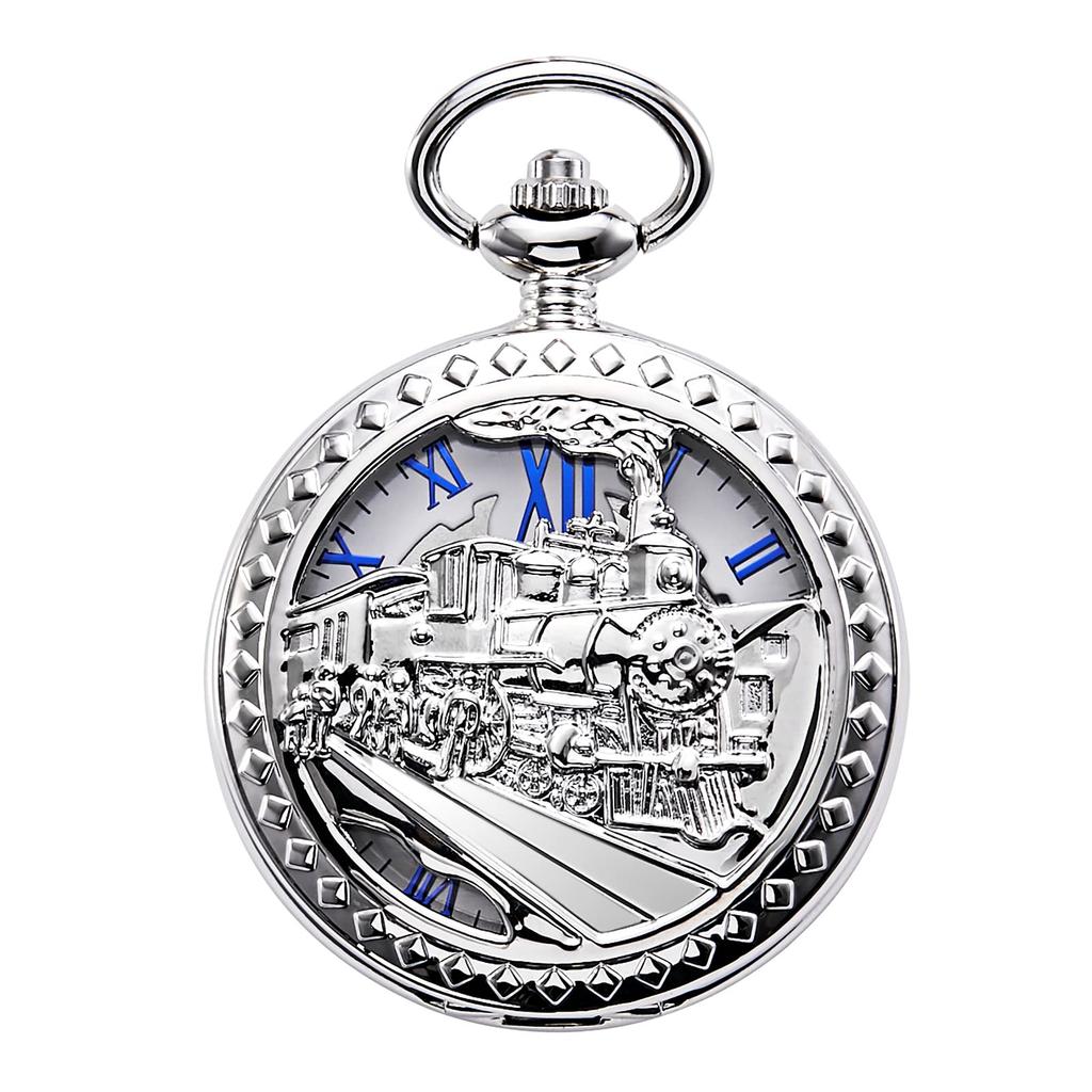 TREEWETO Mechanische Taschenuhr Antik Römisch mit Kette, Eisenbahn-Thema Skelett, Ziffern, Silber,