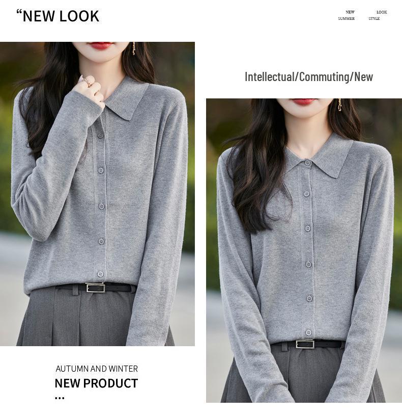 Women's Spring 2025 Lapel Cardigan Sweater - Knitwear Shirt Collar Base Layer or Outerwear Top