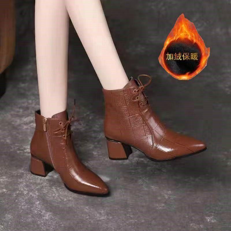 Fashion FHC Women Short Boots,Soft Ankle Botas,Autumn/Winter Shoes,Pointed toe,Thick Heel,Side Zip,Front Laces.Black,Brown,Dropshipping