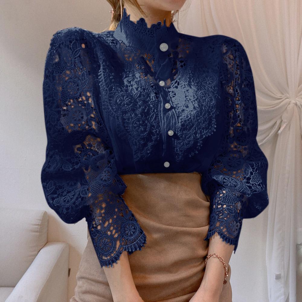 Frauen Stehkragen Spitze Patchwork Shirts Casual Aushöhlen Blume Blütenblatt Hülse Taste Tops Weiße Shirts für Frauen