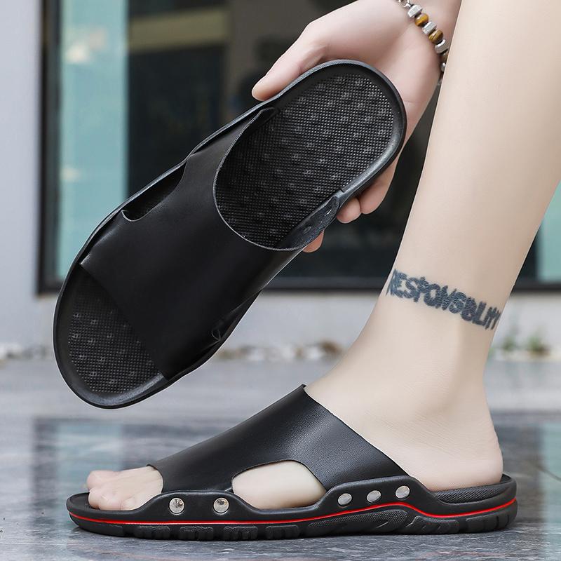 Sandals Mens Leather Classic Summer Men Slippers Soft Black Slippers PU Leather Slippers Lightweight EVA Slides for Men