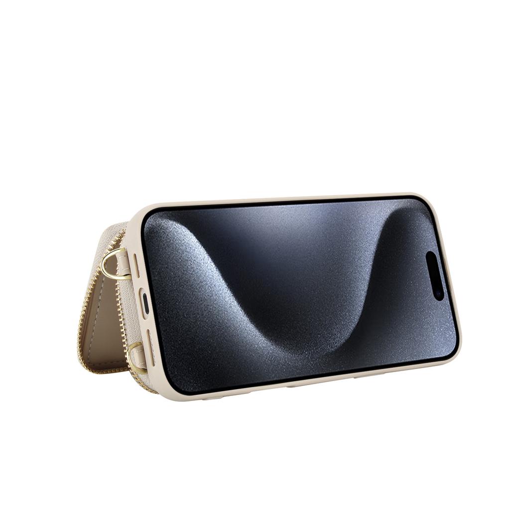 For iPhone 15 Pro Case RFID Blocking Zipper Wallet Leather + TPU Phone Cover with Shoulder Strap