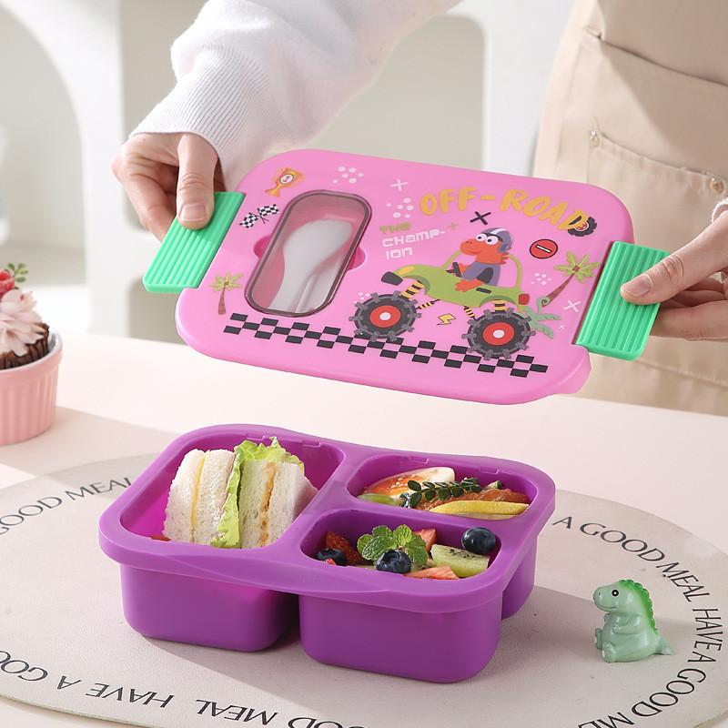 Cartoon Pattern Portable Meal Container With Three Compartments For Office And Picnic