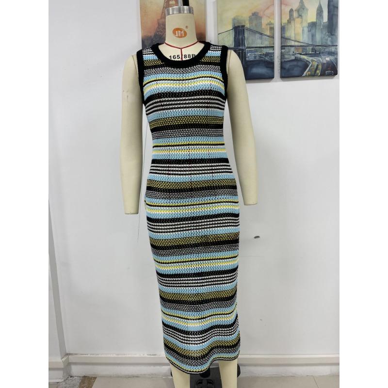 Women's Summer New Slim Fit Patchwork Jumper Fashion Striped Knitted Long Dress