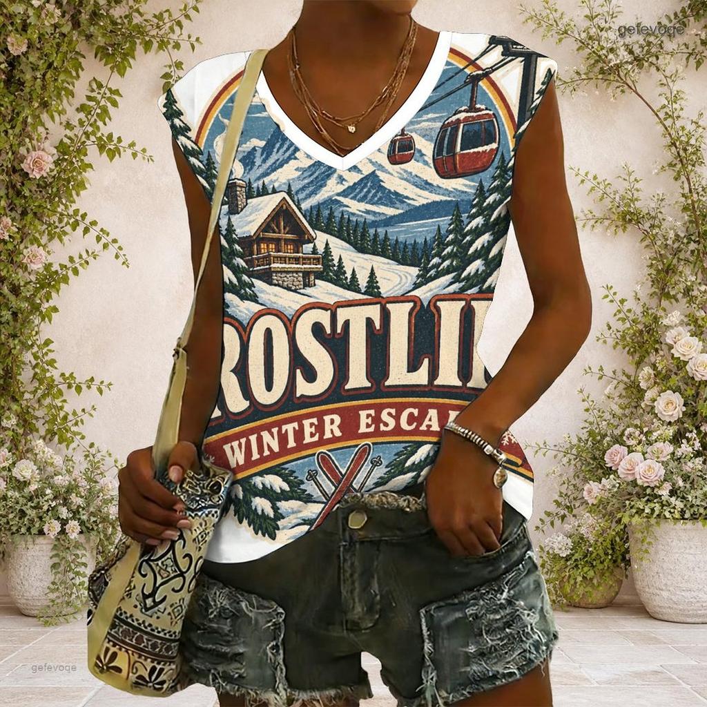 Women Plus Size V Neck Wide Short Sleeve Landscape Text Printed T Shirt
