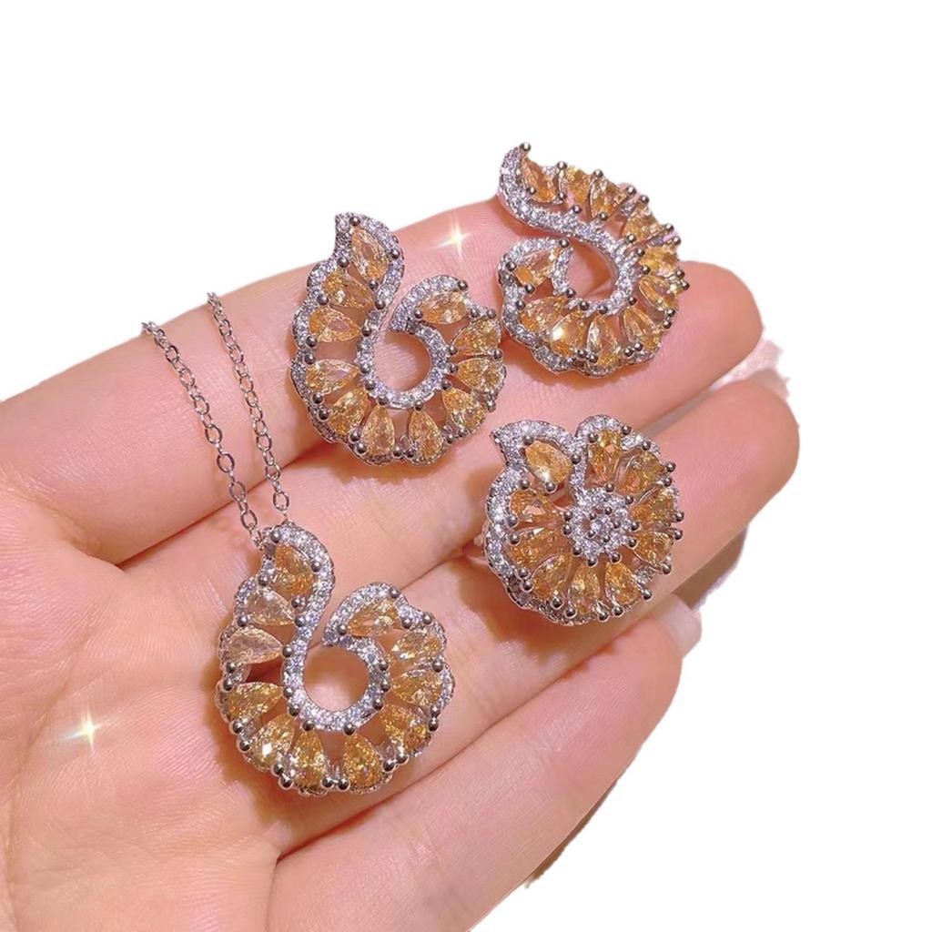 Luxury Conch Jewelry Set: Oval Geometric Yellow Sapphire Ring, Necklace & Earrings